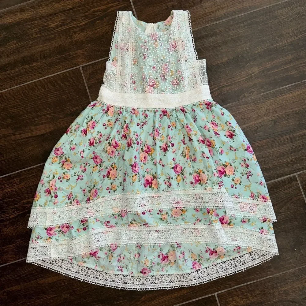 EUC Trish Scully turquoise Floral Hi Lo Dress Size 5
